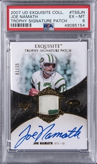 2007 UD "Exquisite Collection" Exquisite Trophy Signature Patch #TSS-JN Joe Namath Signed Game Used Patch Card (#01/25) - PSA EX-MT 6